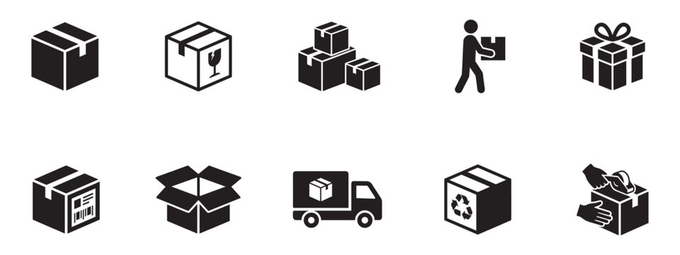 Logistics, delivery and packaging icon set. Cardboard box, shipping service, warehouse and fragile cargo symbols. Vector illustration.