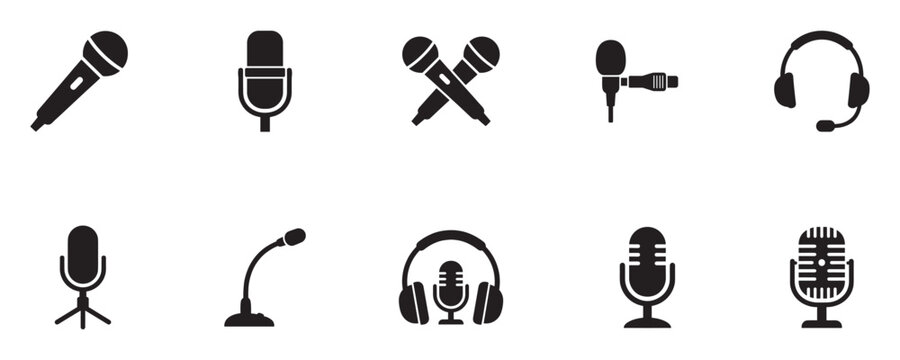 Microphone, podcast and audio equipment icon set. Sound recording, music studio, broadcasting and vocal performance symbols. Vector illustration.