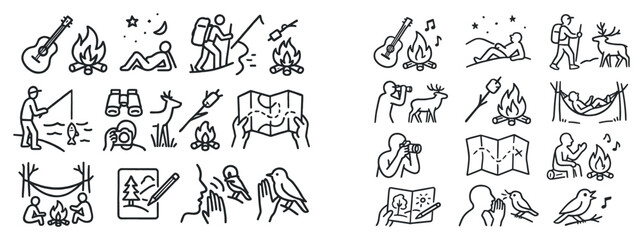 Fototapeta premium Camping icons with guitar fire map outline