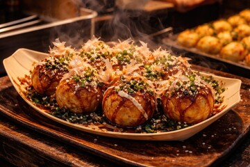Fototapeta premium Authentic Takoyaki street food sizzling on a plate with seaweed and bonito flakes pleasing customers
