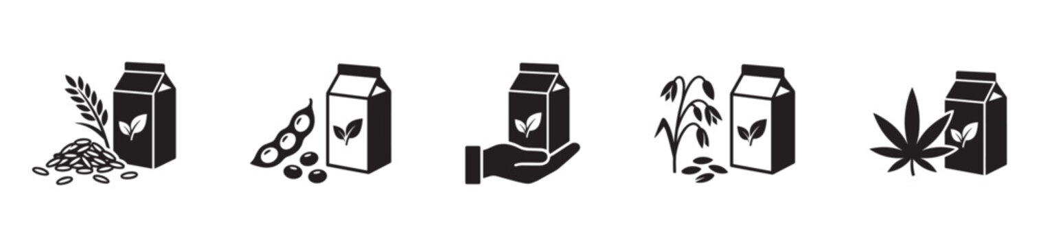 Non-Dairy Milk Carton and Grain Alternative Icon Set. Soy, rice, oat, and hemp milk symbols. Vector Illustration.	
