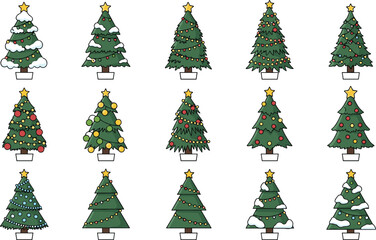 Fototapeta premium Set of stylized Christmas tree illustrations with ornaments garlands and snow details festive flat vector collection for holiday cards winter design and seasonal graphics