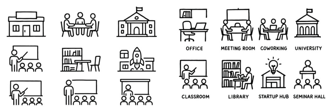 Education icons with school building classroom outline