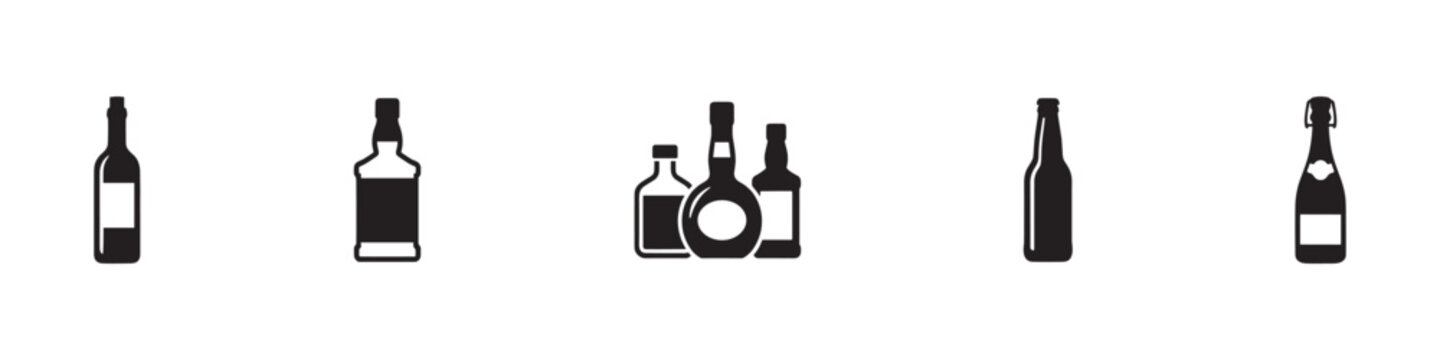 Alcohol and liquor bottle icon set. Spirits, wine and beer beverage silhouettes. Vector Illustration.