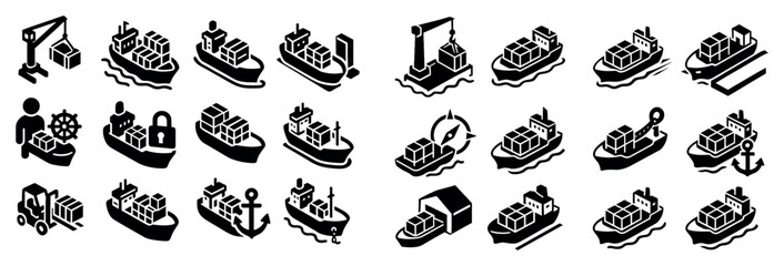 Fototapeta premium Shipping icons with crane ship container isometric