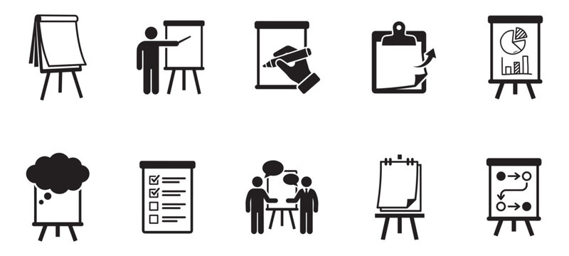 Flip Chart Presentation and Training Icon Set. Business Meeting, Seminar and Brainstorming Symbols. Vector Illustration.