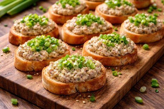 Fresh green onion topped tuna pate canap&Atilde;&copy;s arranged on a natural wood serving board for appetizer