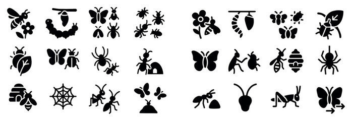 Fototapeta premium Insect icons with bee butterfly ant solid