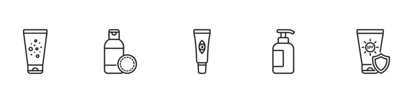 Skincare and cosmetic product icon set. Cream tube, lotion bottle and sun protection symbols. Vector Illustration.