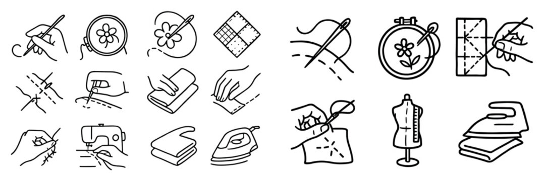 Sewing icons with needle thread iron outline