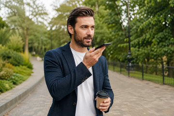Obraz premium Entrepreneur Recording Voice Notes on Smartphone While Walking in Park with Inspired Expression