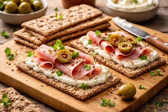 Convenient healthy snack of wholegrain crispbread with ham creamy cheese and olives on bamboo board