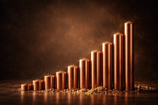 Abstract bar graph made of copper tubes set against copy space for commodity market themes