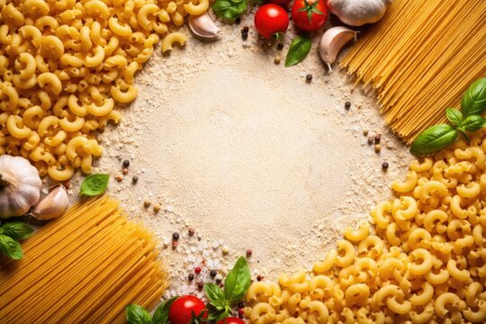 Flat lay of uncooked macaroni and spaghetti creating a textured copy space