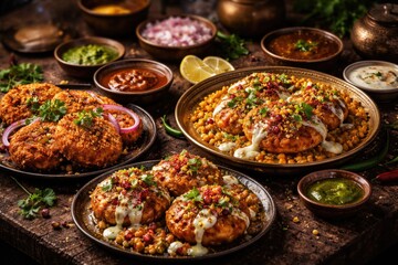 Obraz premium Delectable Indian street food with Aloo Tikki, Ragda Patties, and Cutlet served alongside sauces framed by a moody scene