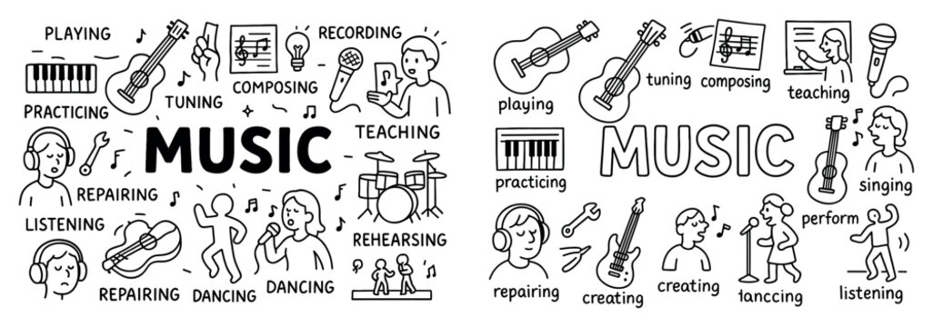 Music icons with guitar piano microphone outline