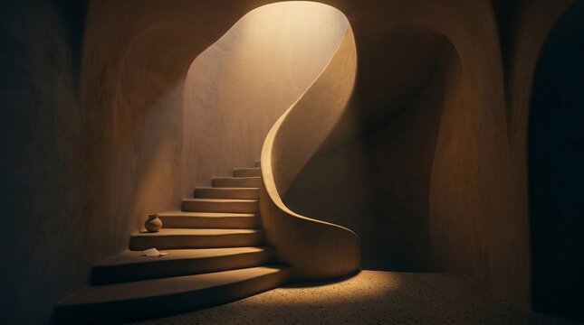 Ethereal Light Sculpting an Organic Staircase in Minimalist Architecture