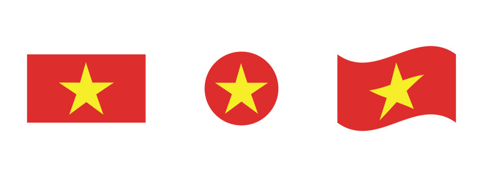 Vietnamese flag variations: red background with yellow star in flat circular waving styles five pointed vietnamese national republic patriotic identity isolated