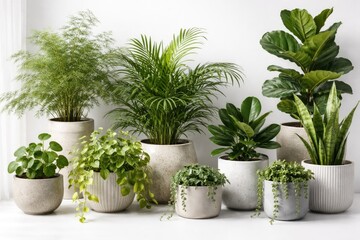Fototapeta premium Diverse greenery in ceramic pots positioned on bright white background