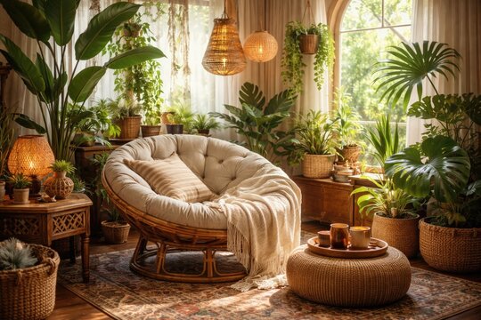 Eclectic bohemian living area with comfy rattan chair covered in white plaid near decorative green houseplants