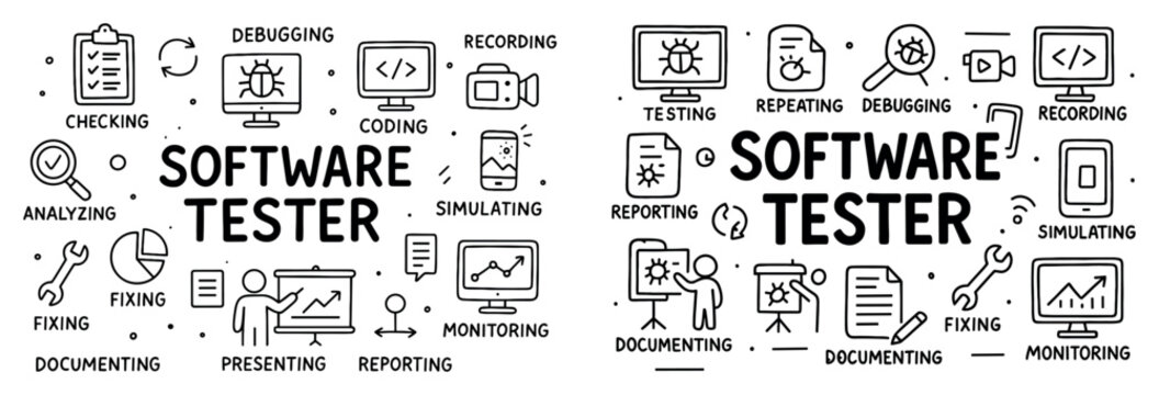 Software icons with testing tools and reporting outline