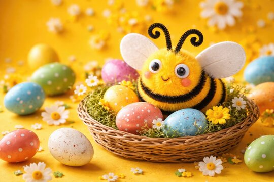 Cheerful Easter decoration showing colorful eggs and a handcrafted bee on a bold yellow background