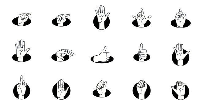 Set of minimalist line art hand gesture icons representing communication