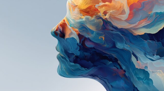 Human Head Filled with Flowing Abstract Paint and Soft Gradients, Emotional and Mental State Expression Concept, Modern Artistic Style with Copy Space