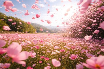 Fototapeta premium Lively pink petals bursting forth in a scenic outdoor field at springtime