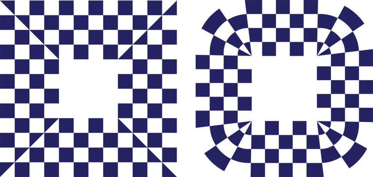 Two distinct blue and white checkerboard pattern squares with geometric designs and central negative space