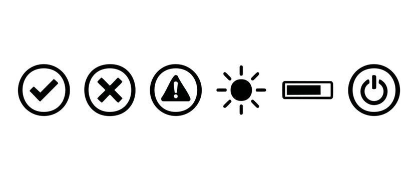 Minimalist UI Icon Set, Checkmark Cross Warning Sun Battery Power Buttons for Mobile App Design and Website Interface Navigation Symbols Isolated on White Background for Digital Vector Graphic Project
