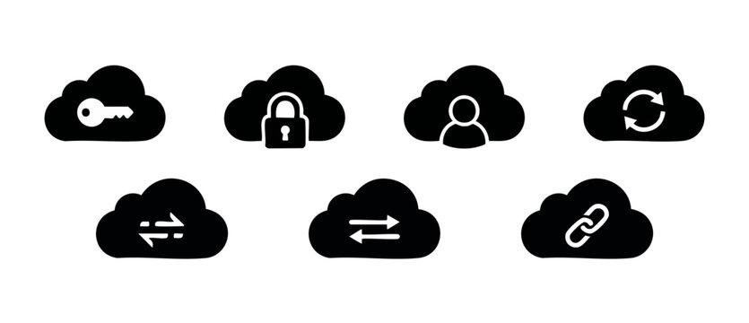 Cloud Computing Icons Set with Security and Sync Symbols for Digital Network Infrastructure and Data Management Services, Minimalist Black Vector Collection for Website UI/UX Design and Business Syste