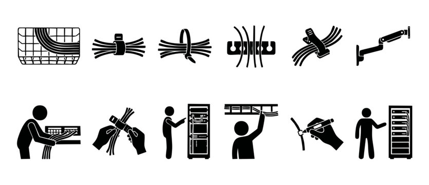 Cable Management Icon Set, Network Infrastructure and Server Wiring Symbols for IT System Installation, Data Center Organization, Wire Routing and Maintenance, Professional Technical Vector Illustrati