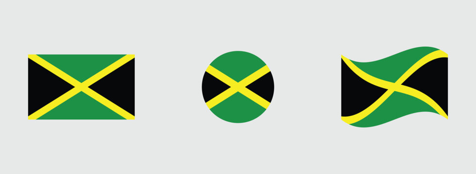 Three jamaican flags: rectangular circular waving styles on gray background jamaican national caribbean independence patriotic government standard political