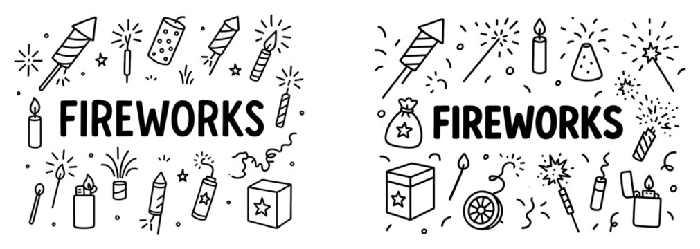 Fireworks icons with rocket sparkler candle outline