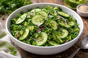 Obraz premium freshly prepared cucumber salad with vibrant greens in a white porcelain bowl
