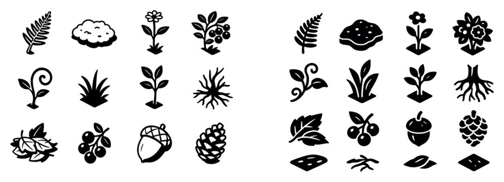 Nature icons with leaf acorn pinecone silhouette
