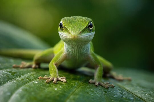 Green juvenile anole lizard on lush leaf facing camera with captivating stare and copy space