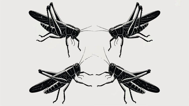 four black and white grasshoppers facing each other in a symmetrical pattern