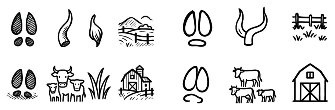 Farm icons with cow barn hoof print sketch