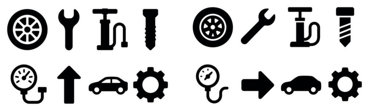 Automotive icons with wheel wrench bolt flat