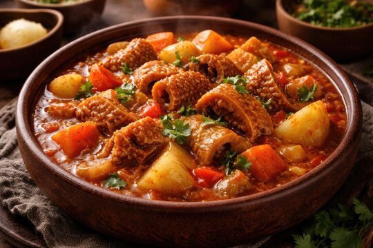 Dominican mondongo recipe showcasing savory beef tripe root vegetables and thick tomato sauce