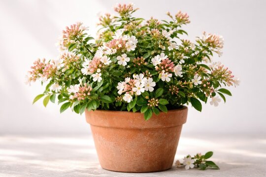 Flowerpot holding blooming Abelia set against a clean plain background with sharp selective focus