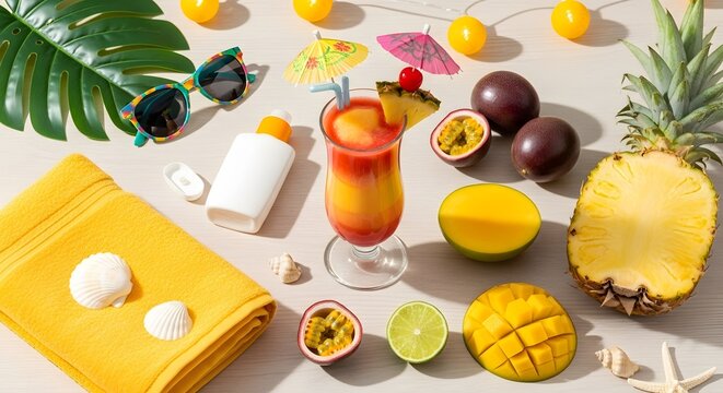 Tropical summer refreshments a vibrant still life of fruits and cocktails