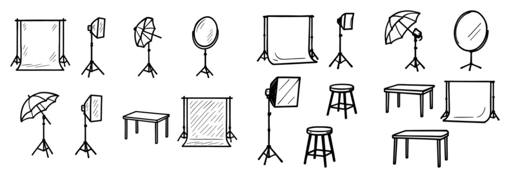 Photography icons with lights and backdrops sketch