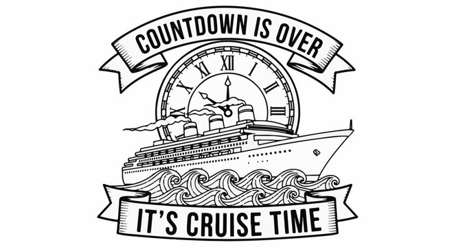 A liner sails waves under a clock face, text proclaims