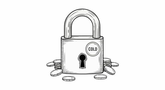 A locked padlock with the word "COLD" and stacks of coins