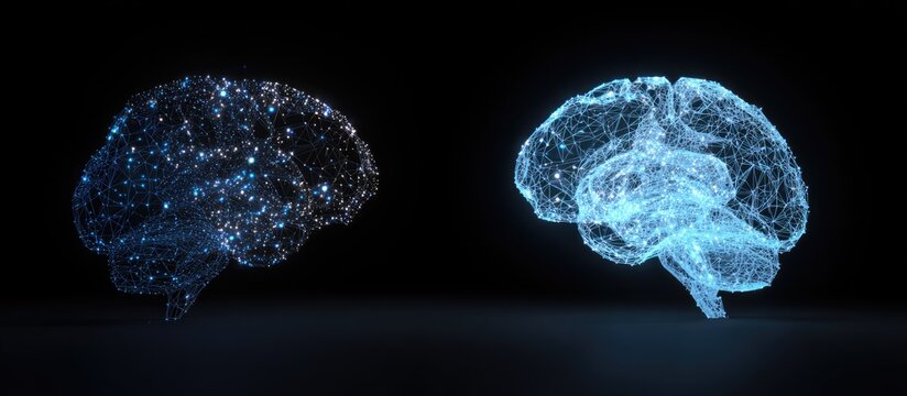 Two glowing, digital brain models in profile on a dark background, illustrating neural activity
