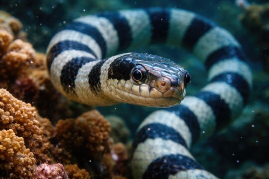 Intimate close up view of a banded sea krait underwater