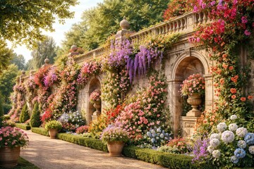 Fototapeta premium Elegant garden wall covered in vivid flowers merging botanical beauty and architecture in summer